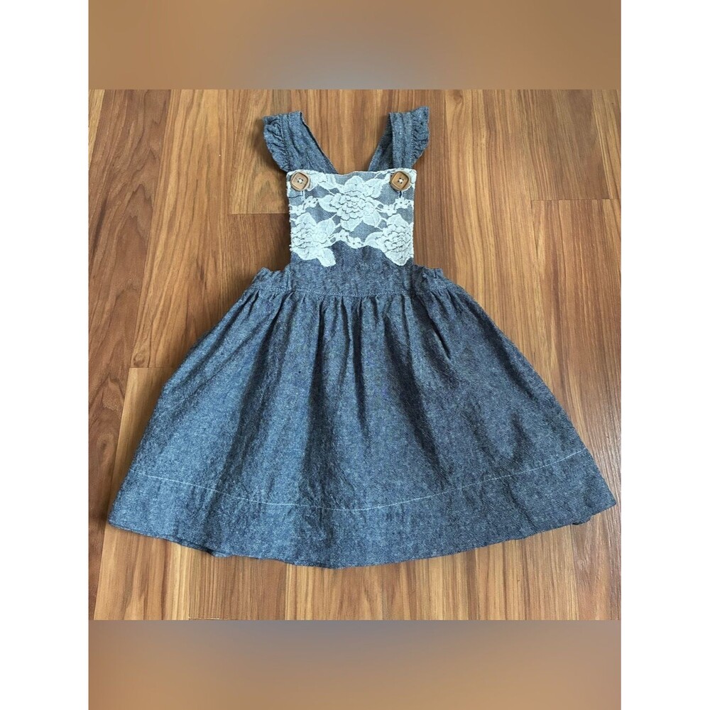 Tate & Adele Harlow Lace Front Pinafore Dress Ruffle Straps Blue Size 4T
